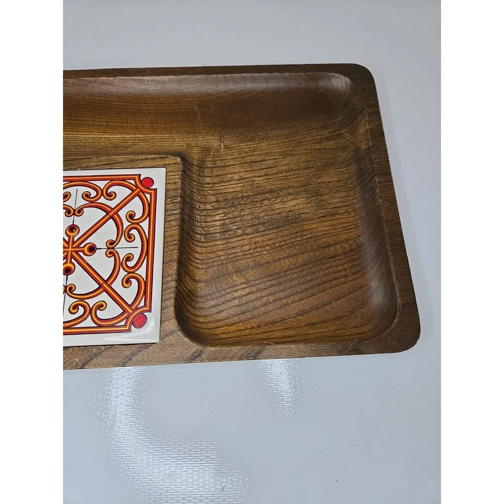Vtg 1970s Japanese Keyaki Wood Cheese Board Charcuterie Tray Orange Scroll Tile